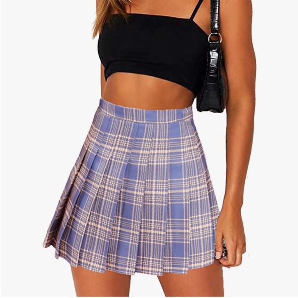 Plaid Pleated Mini Skirt in Blue and White